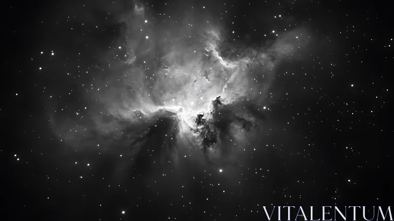 Monochrome nebula glows amid dense starfield in deep space.