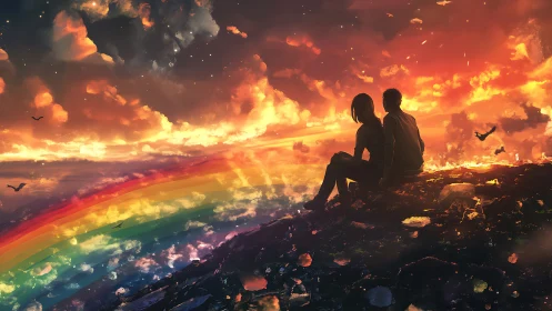 Silhouetted Couple Overlooking Apocalyptic Rainbow Sky.