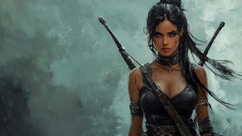 Warrior huntress with twin swords in misty battle haze.