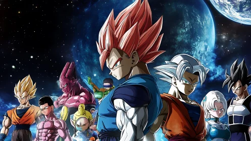 Dragon Ball fighters stand in formation against space backdrop