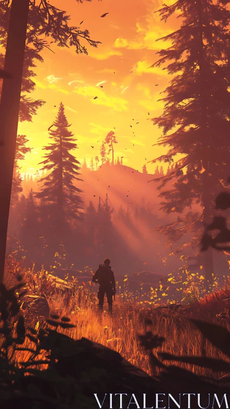Backlit forest wanderer under volumetric sunset radiance.
