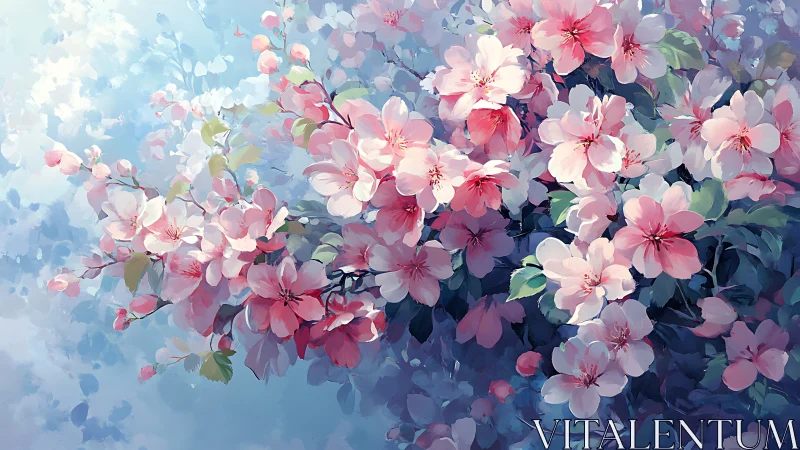 Soft Pink Blossoms Against Misty Blue Skies