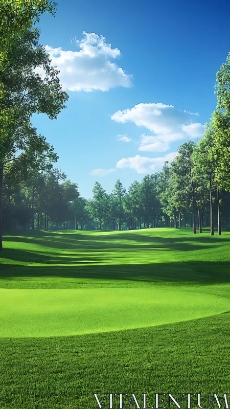Sunlit tree-lined golf fairway under clear midday blue sky