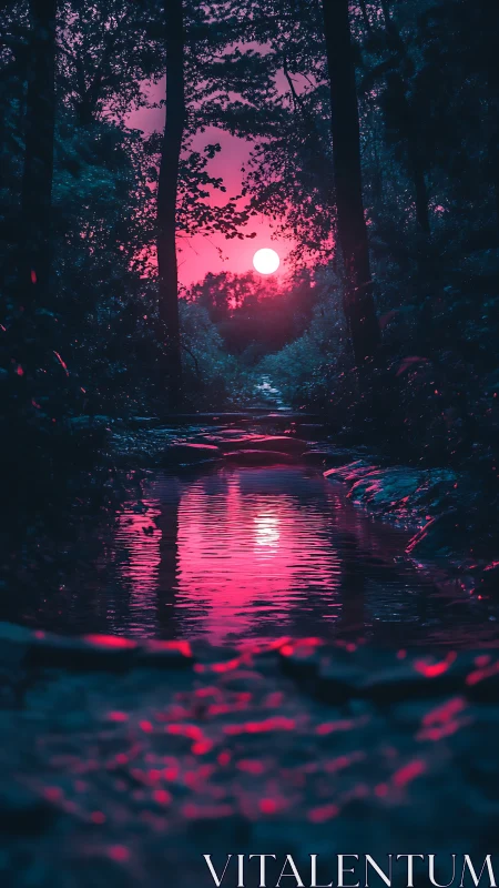 Neon twilight river winding softly through a dreamlike forest.