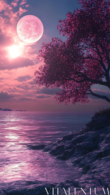 Pink-tinted coastal scene displays moon, clouds, and foliage