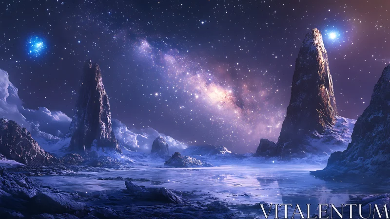 Starlit ice spires guard a luminous galactic river. Period.