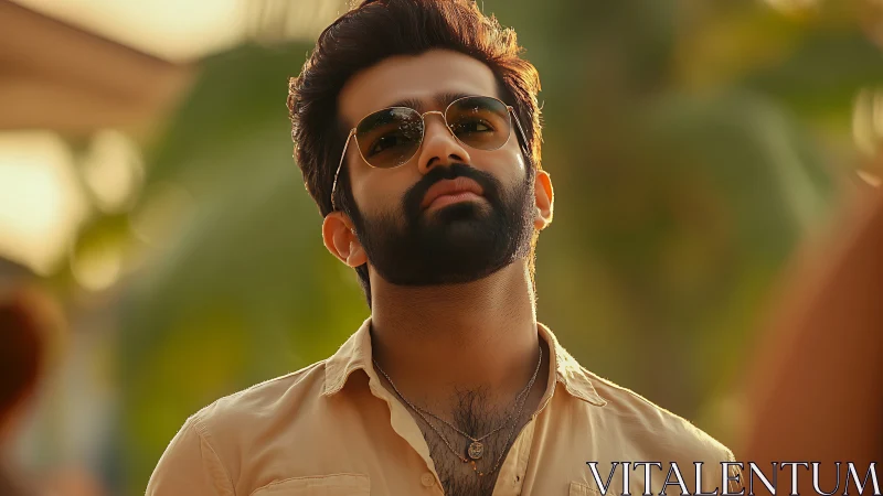 Photorealistic portrait in warm backlit outdoor composition.