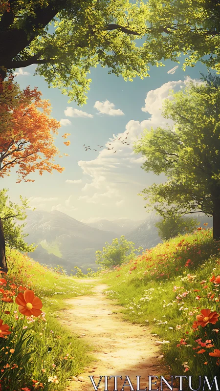 Sunlit floral path recedes toward distant alpine mountain range