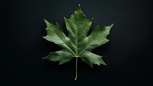 Green maple leaf rests on dark minimalist background.