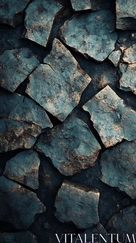 Layered cracked stone slabs in cool teal tones.