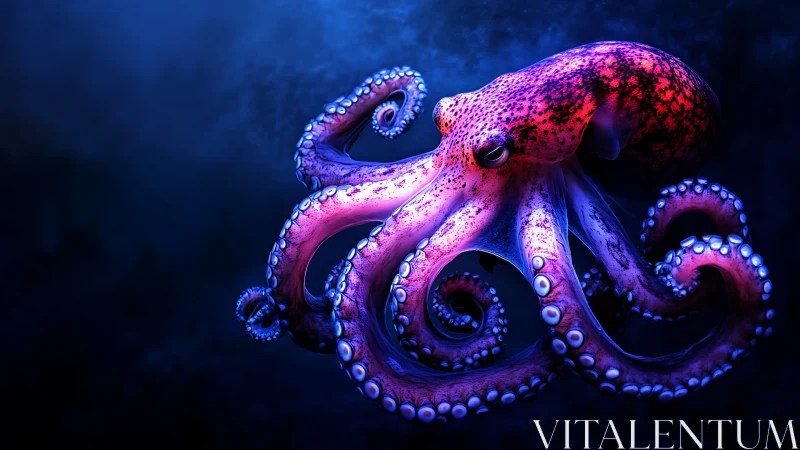Neon dusk octopus pirouettes through electric midnight blue.