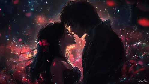 Two silhouetted figures share an intimate moment amid glowing particles.