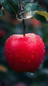 Macro study of dew-covered red apple in soft natural bokeh