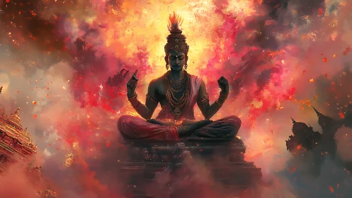Radiant meditative deity seated in turbulent inferno cloudscape