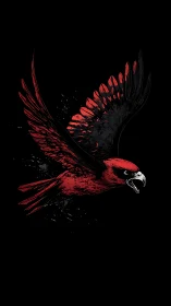 Scarlet raptor in dynamic flight on stark black ground.