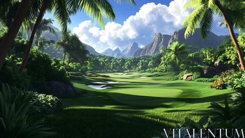 Tropical golf fairway curves through lush palm jungle.