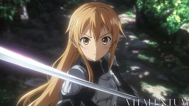 Swordbright heroine lunges through sunlit forest resolve.