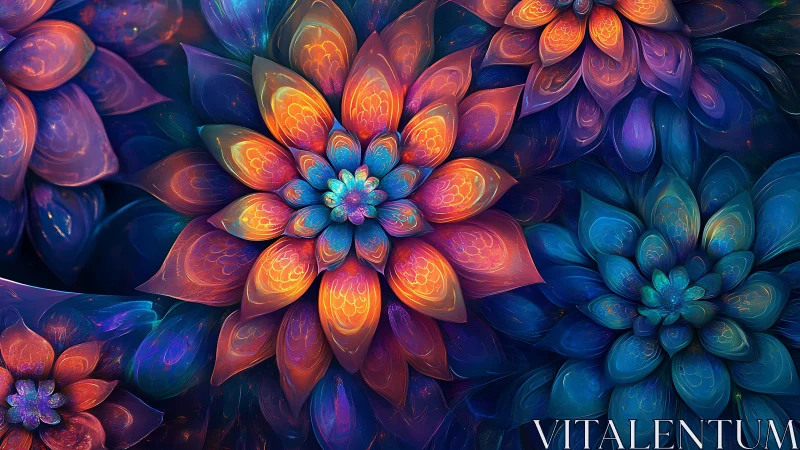 Multilayer fractal floral rosettes in luminous neon palette