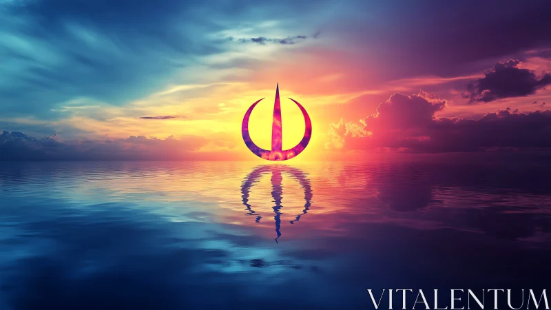 Celestial sigil rising over neon-tinted, glass-still sea.