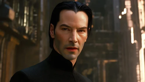 Stoic cyber hero stands in warm industrial corridor.