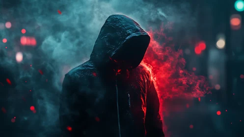 Hooded phantom walks through neon embers and electric fog