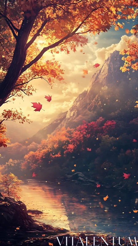 Autumn river valley under warm evening mountain light.