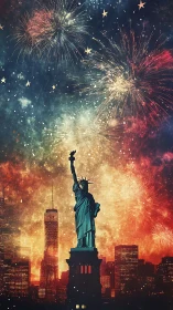 Statue of Liberty stands before dense fireworks over skyline