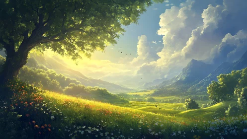 Sunlit valley landscape rendered in luminous digital painting