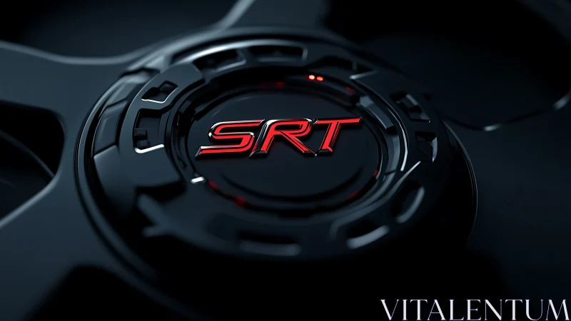 SRT wheel center cap macro with gloss black and red trim.