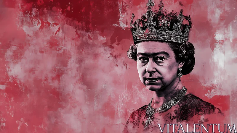 Royal portrait against abstract crimson textured field.