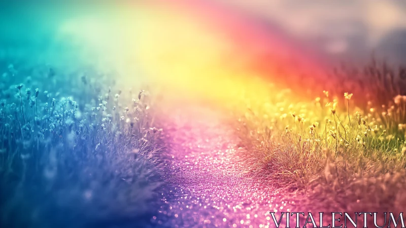 Iridescent light over dewy path between blurred grasses.