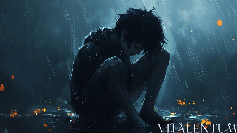 Solitary youth crouched in rain with scattered embers.