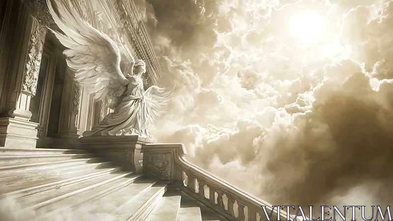 Marble winged guardian on celestial staircase in sepia light.