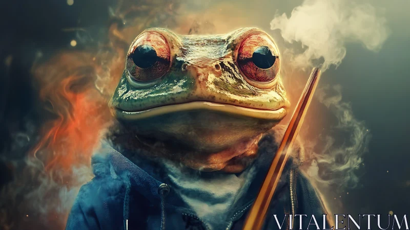 Anthropomorphic frog portrait with smoky bokeh and dramatic rim light