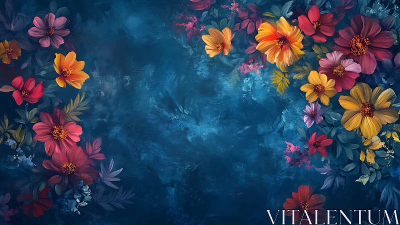 Vibrant Florals Against Deep Blue Textured Background.