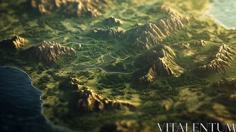 Isometric fantasy topographic map with coastal mountain chains.