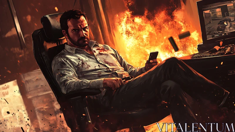 Battle-hardened executive in burning high-tech office.