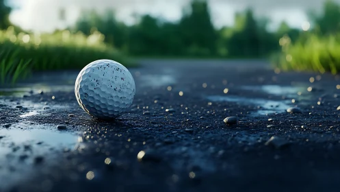 Weathered golf ball on wet asphalt with shallow depth of field.