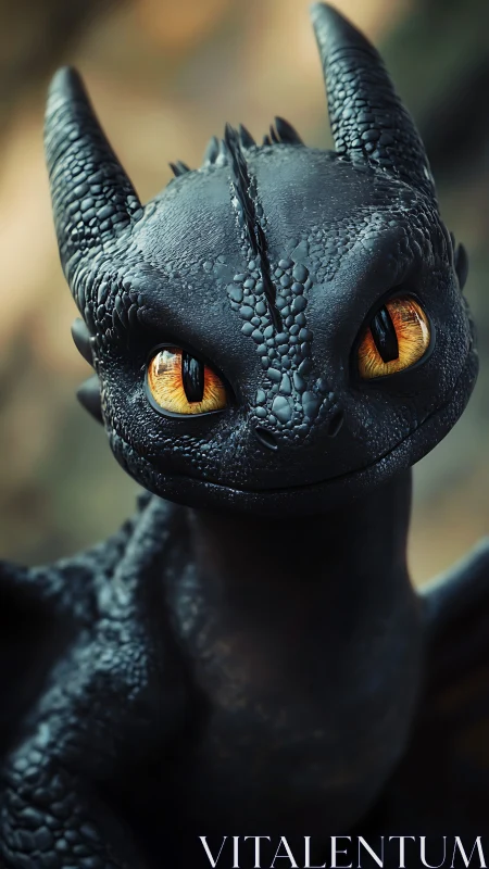 Golden-eyed baby dragon gazes with curious midnight charm.