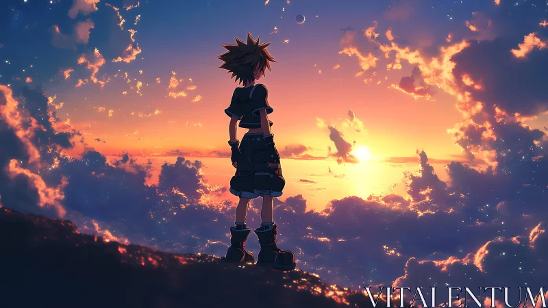 Silhouetted figure stands on ridge observing stratified sunset