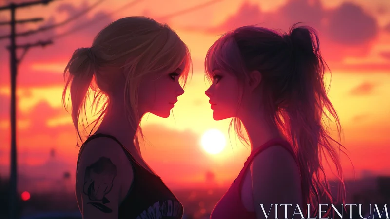 Two sunset silhouettes share a quiet, heartfelt moment together