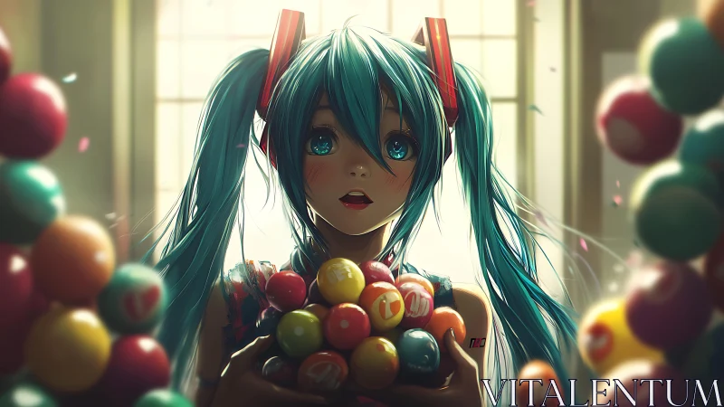 Neon‑haired girl clutching glossy gumballs in soft light.