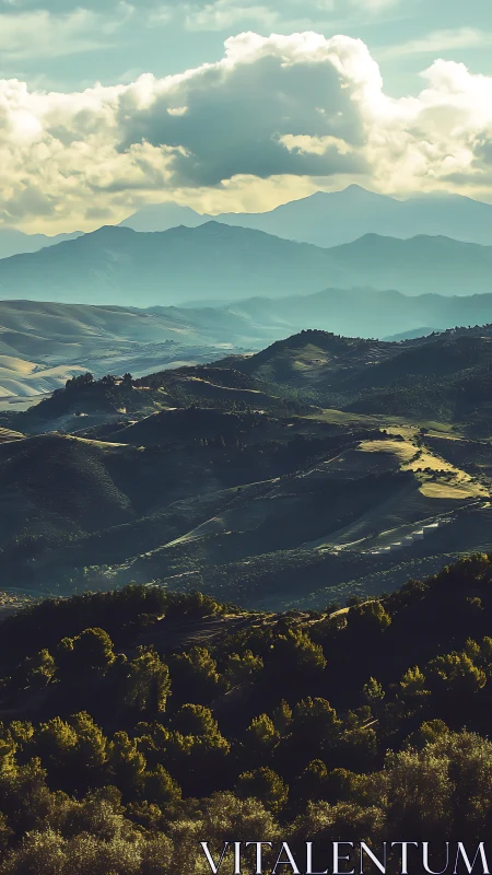 Layered mountain valley lies under dense afternoon clouds