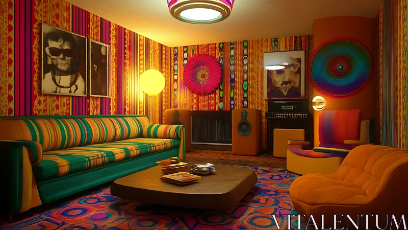 Psychedelic lounge glows with retro stripes and neon warmth