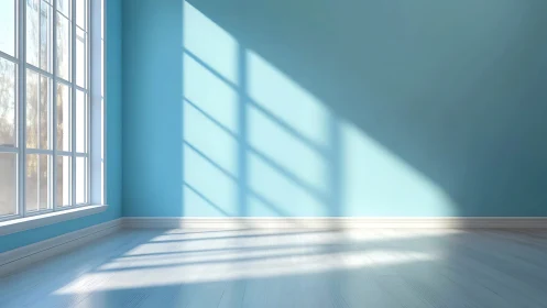 Empty blue room with large window and strong daylight shadows.