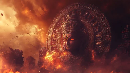 Ember-eyed goddess rising through storm-forged ruins.