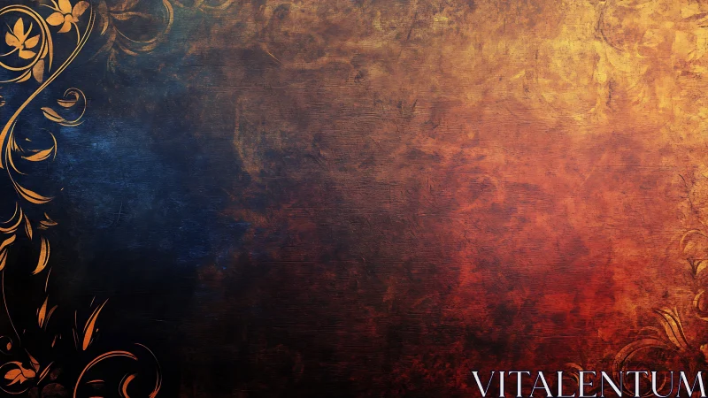 Floral scrollwork on textured blue to orange grunge gradient.