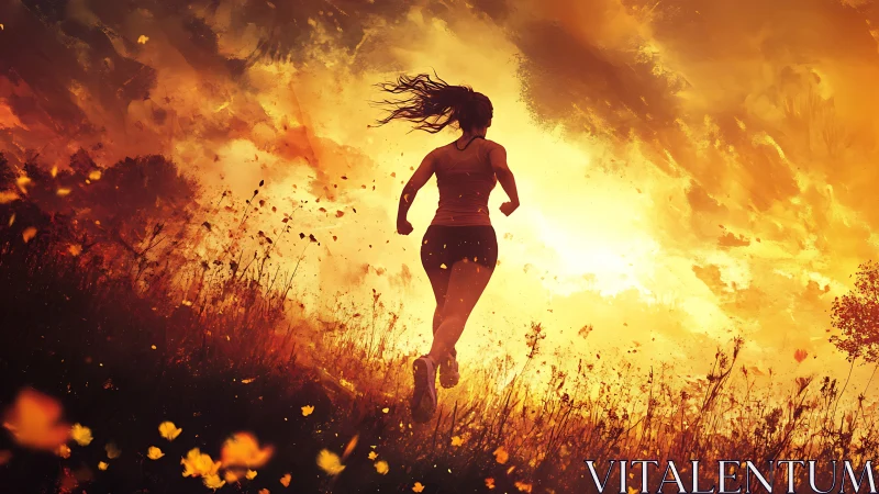 Silhouette of runner crossing sunlit field at sunset.