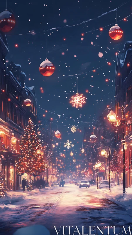 Snowy city street at night with bright Christmas lights.