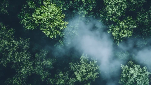 Aerial forest river view through misty canopy.